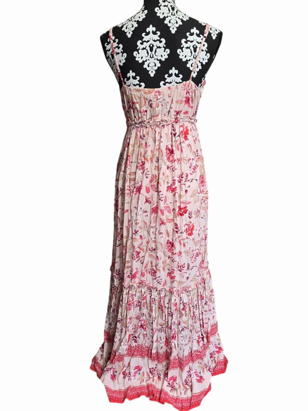 Blue Rain Floral Pink Spaghetti Strap Maxi Dress Size M Lined Boho Romantic - Picture 2 of 5